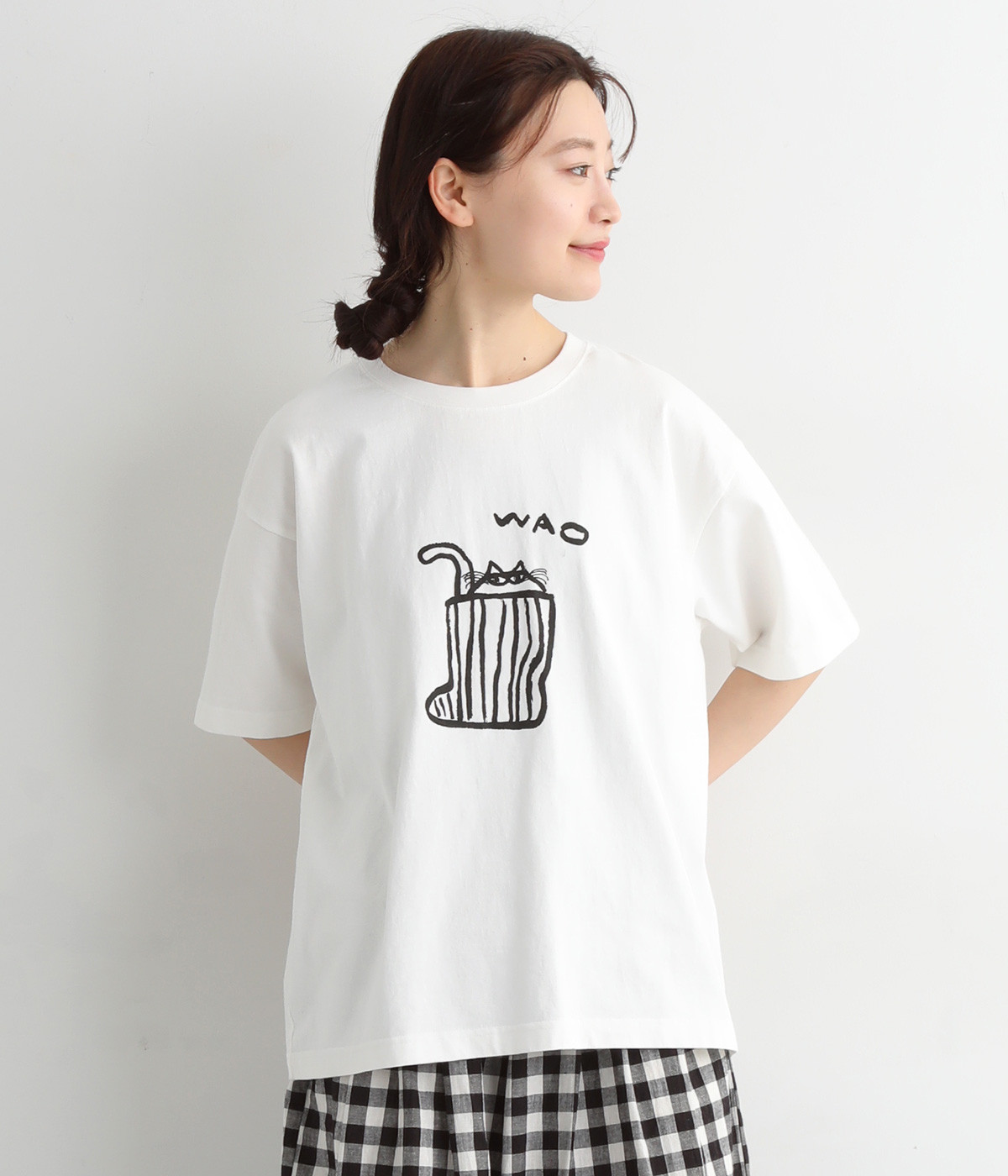 【maboさんコラボ】プリントTシャツ　Wao(オフ×ブラック-ONESIZE)