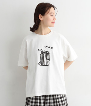 【maboさんコラボ】プリントTシャツ　Wao(オフ×ブラック-ONESIZE)