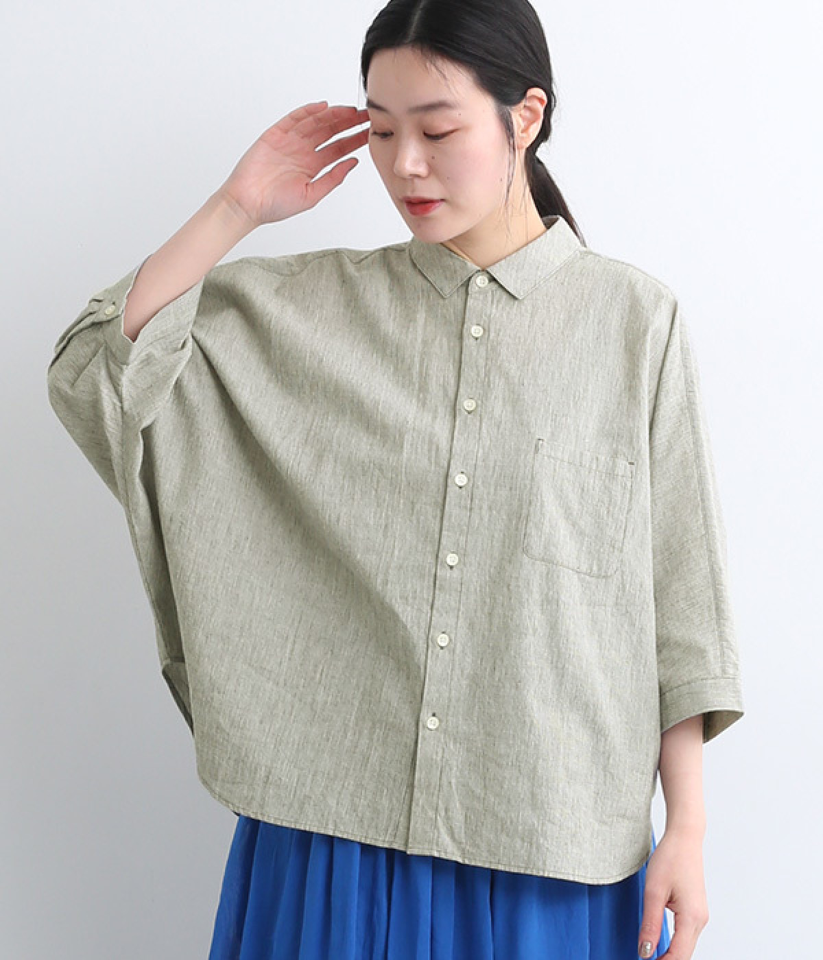 コットンリネンブロードワッシャーワイドシャツ(ストライプ-ONESIZE)