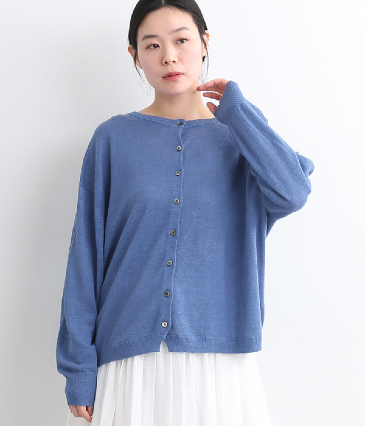 UVカット　リネンニットクルーカーディガン(ブルー-ONESIZE)