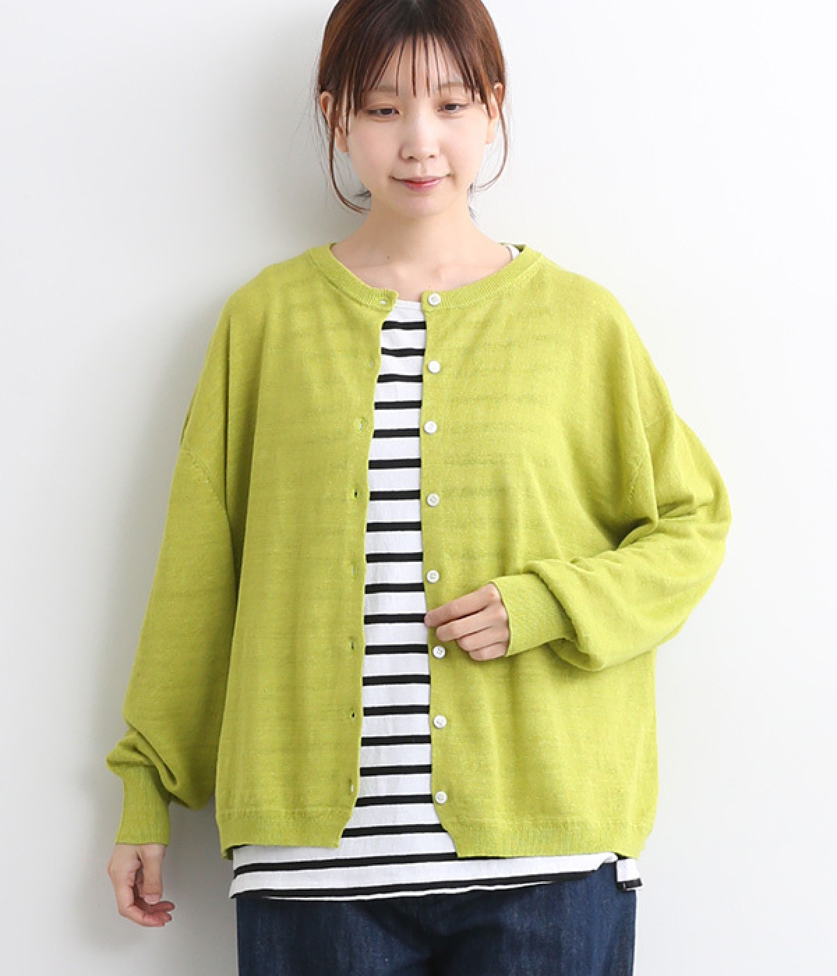 UVカット　リネンニットクルーカーディガン(ライム-ONESIZE)