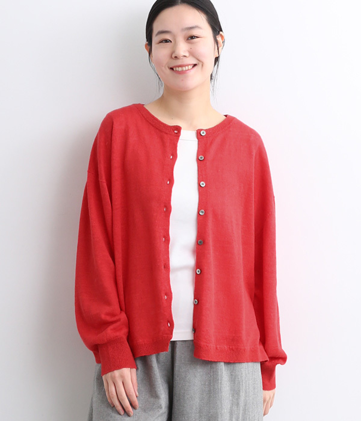UVカット　リネンニットクルーカーディガン(レッド-ONESIZE)