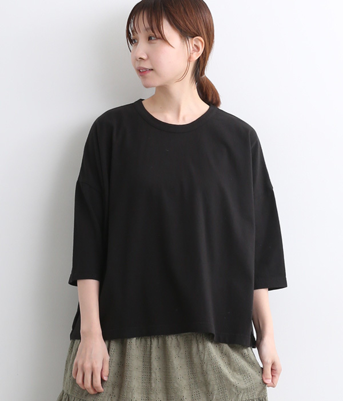 コットンカットソー6分袖ワイドプルオーバー(ブラック-ONESIZE)