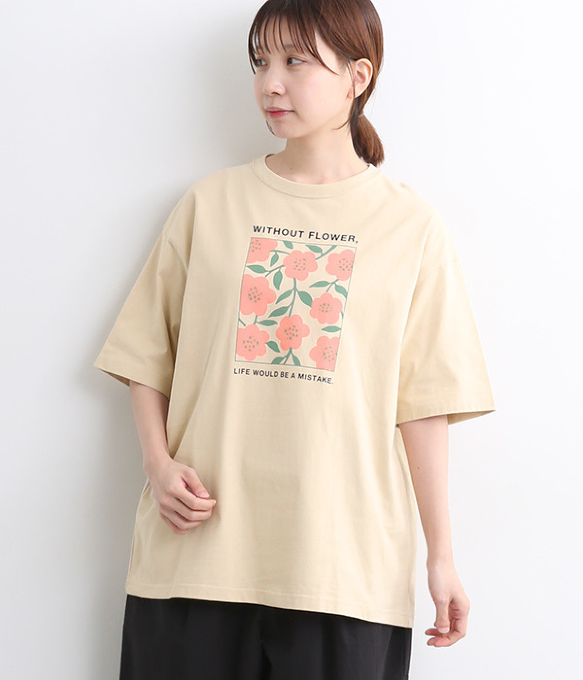 ビッグシルエット　FLOWER　Tシャツ(ベージュ-ONESIZE)