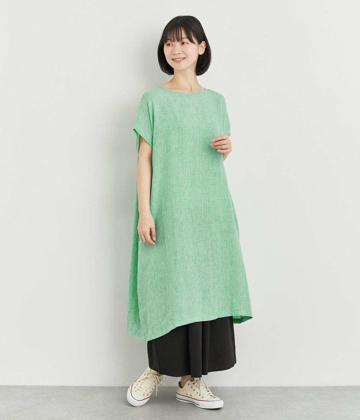 リネンチェックプルオーバーチュニック(グリーン-ONESIZE)