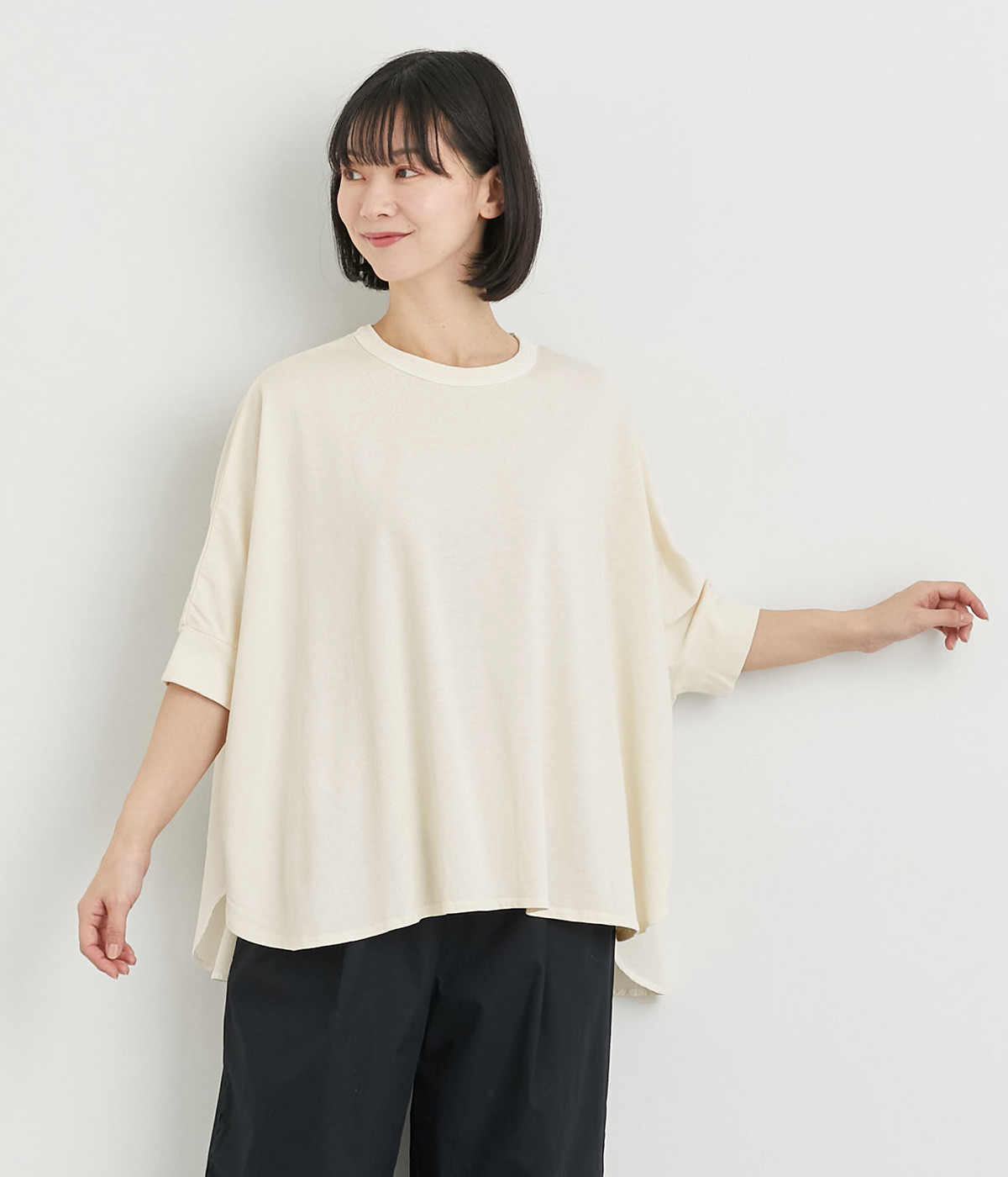 ガーメントダイカットソー　スウィッチングワイドプルオーバー(アイボリー-ONESIZE)