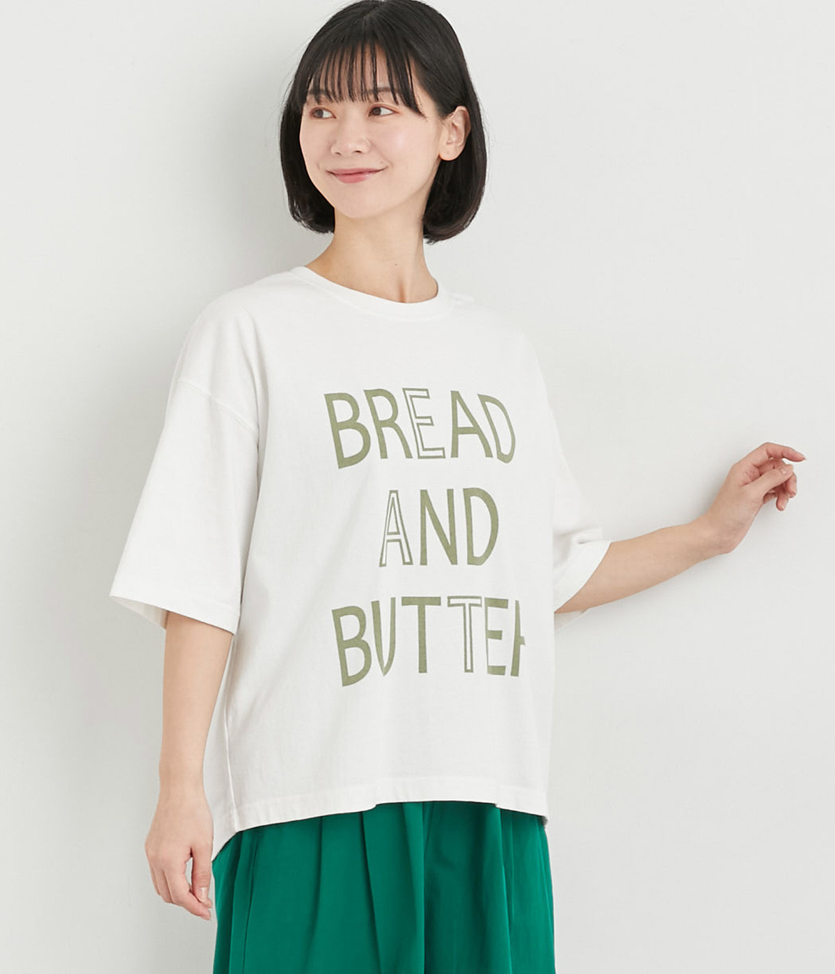 プリントTシャツ　ブレッド＆バター(ホワイト×カーキ-ONESIZE)