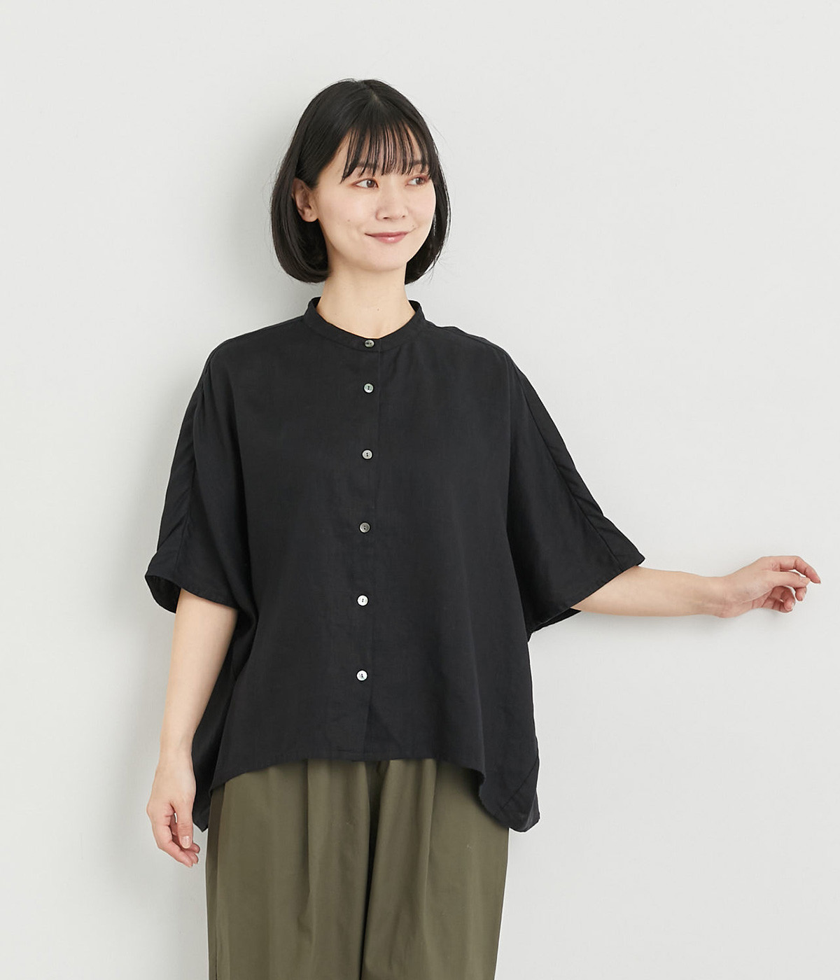 リネン　スタンドカラードルマンシャツ(ブラック-ONESIZE)