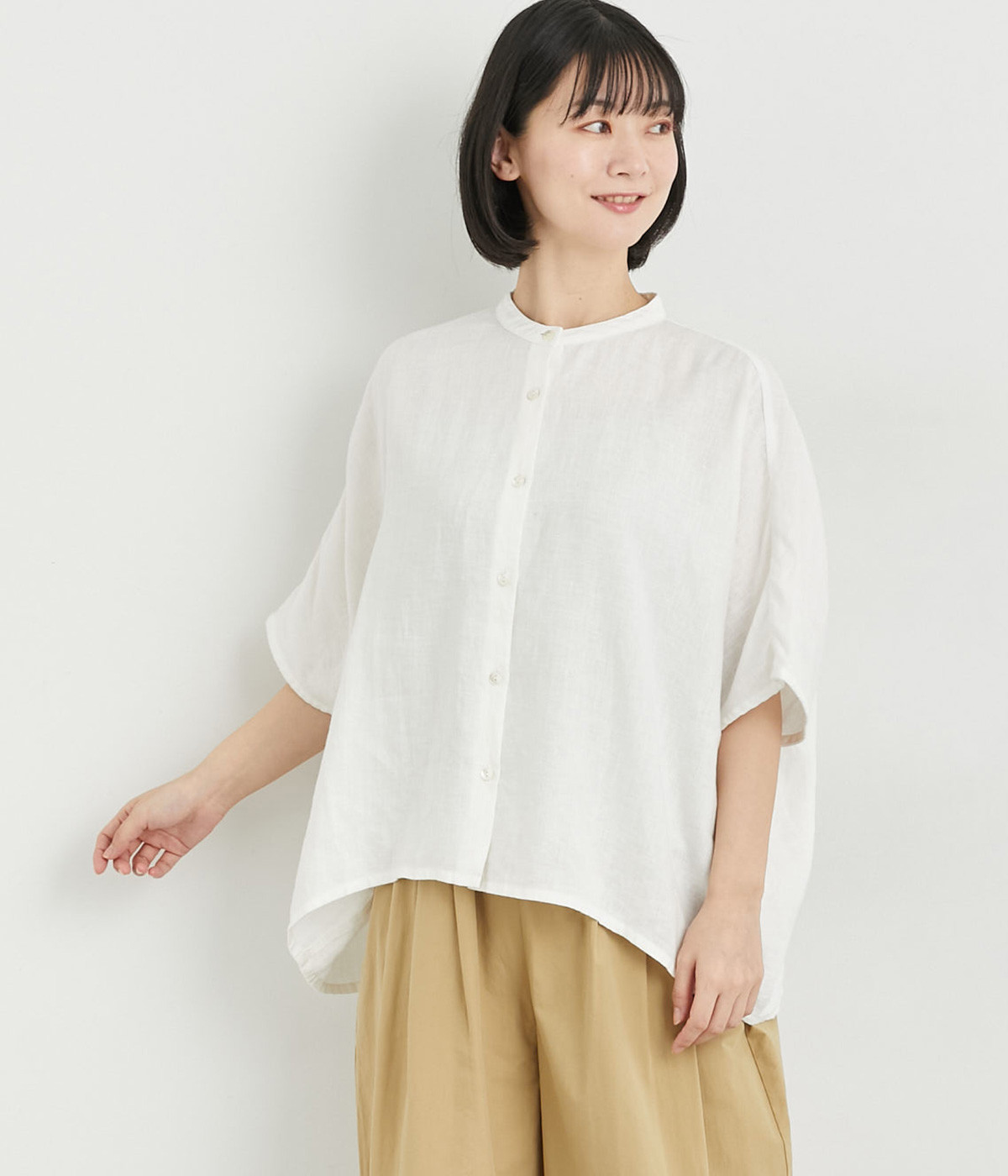 リネン　スタンドカラードルマンシャツ(オフ-ONESIZE)