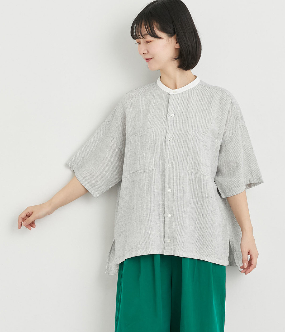 コットンリネン　ストライプワイドシャツ(オフ-ONESIZE)