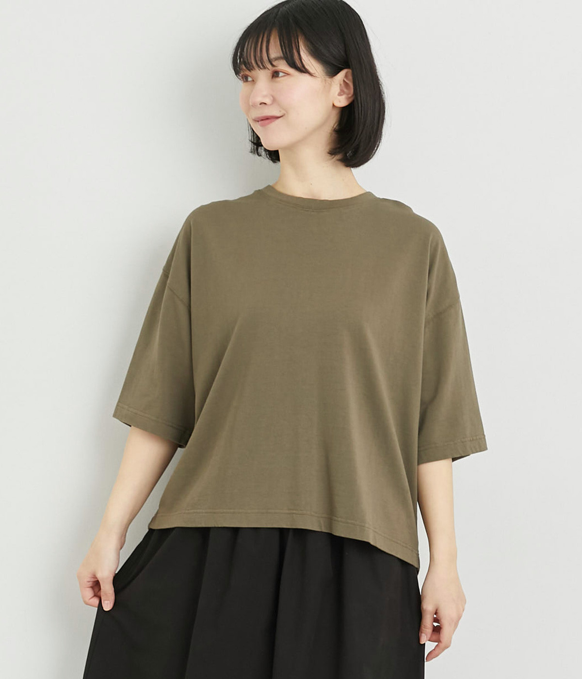 コットンカットソー　ワイドTシャツ(カーキ-ONESIZE)