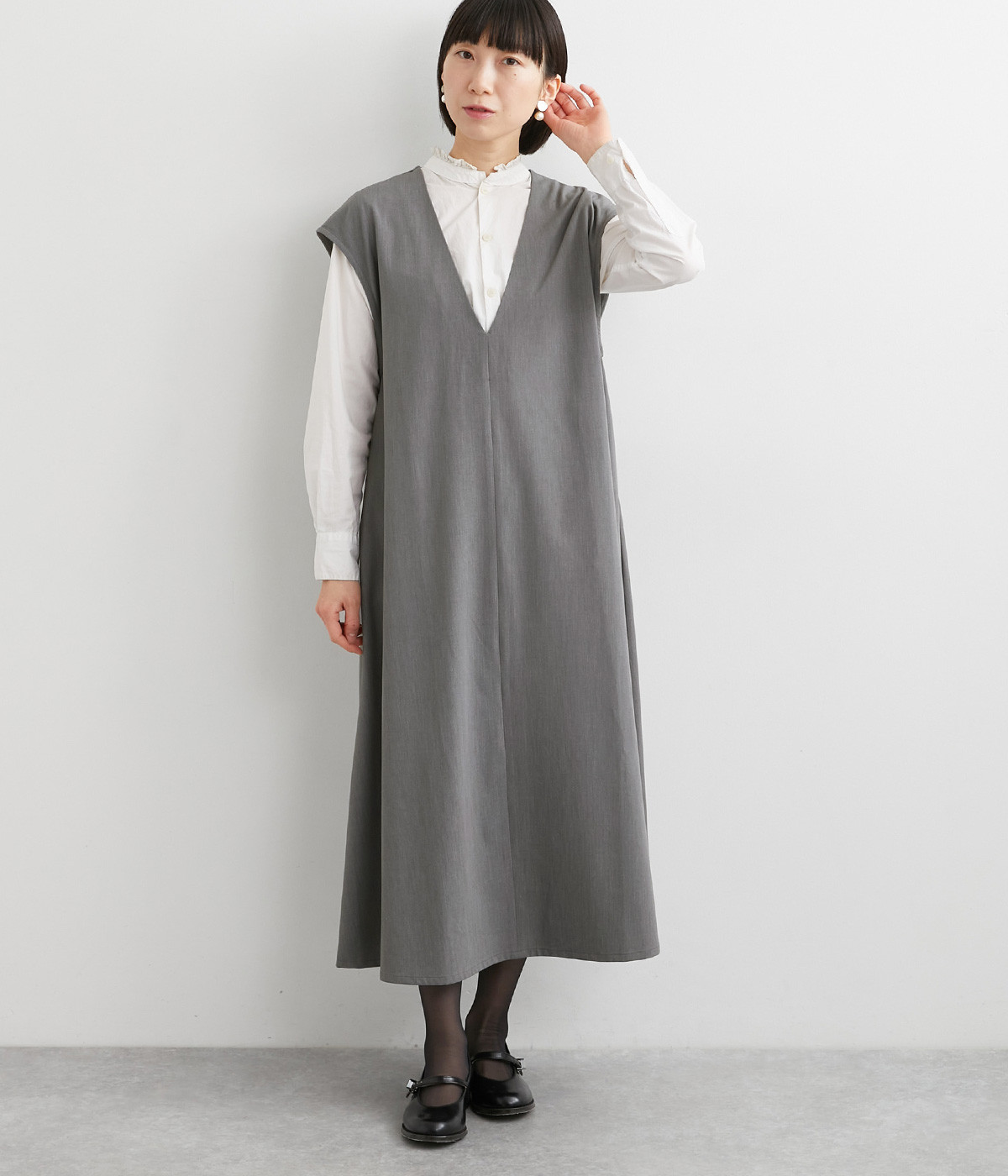 TR　Vネックノースリーブワンピース(グレー-ONESIZE)