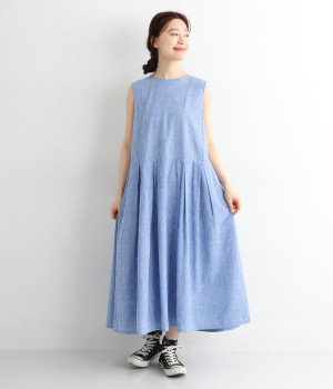 コットンリネンノースリーブワンピース(ブルーストライプ-ONESIZE)