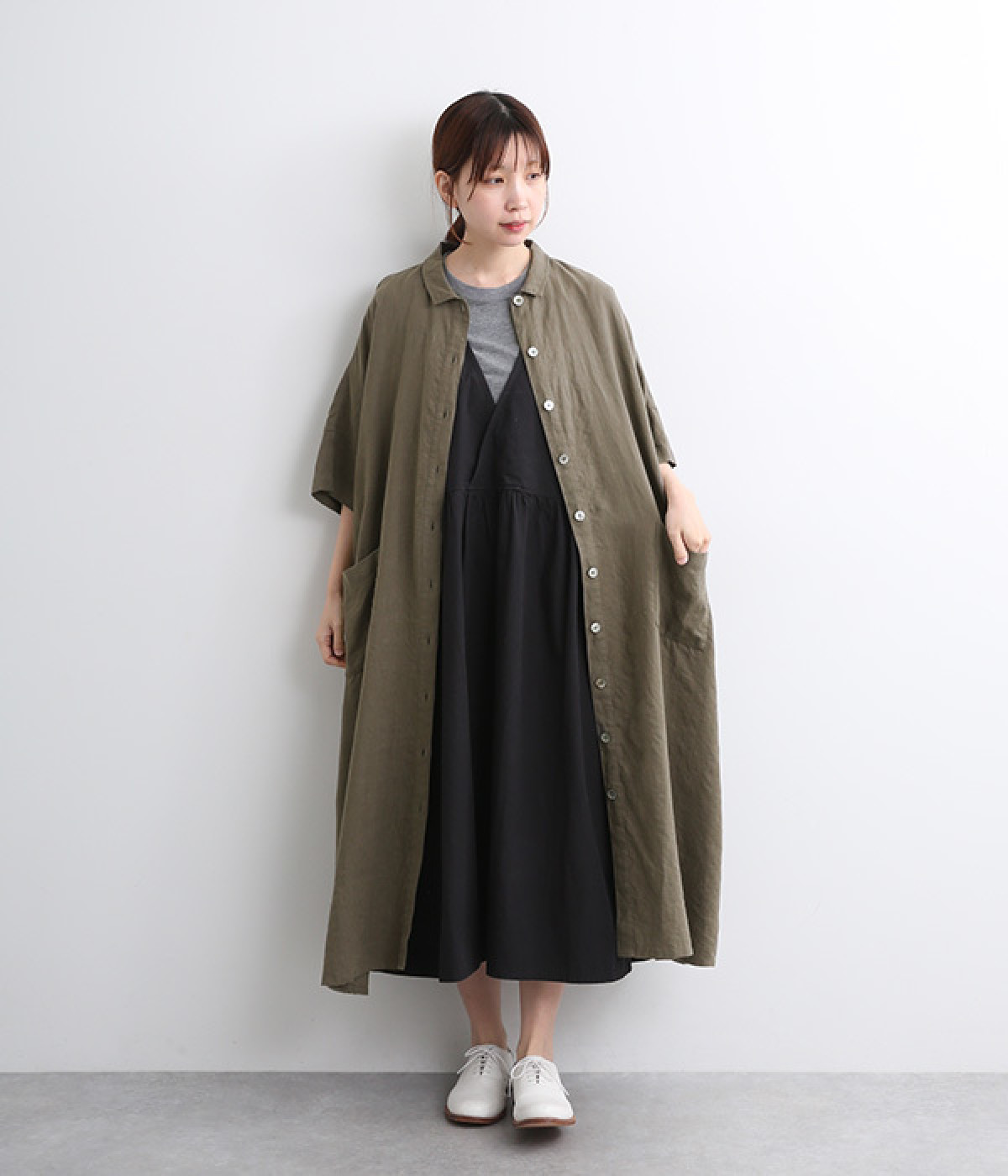 ヘンプワイドシャツワンピース(グレー-ONESIZE)