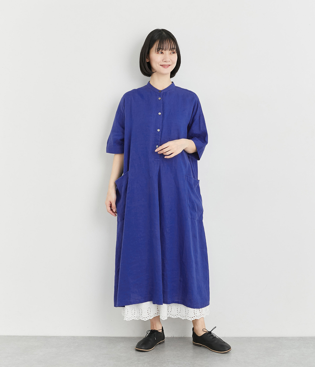 リネン　バンドカラープルオーバーワンピース(ブルー-ONESIZE)