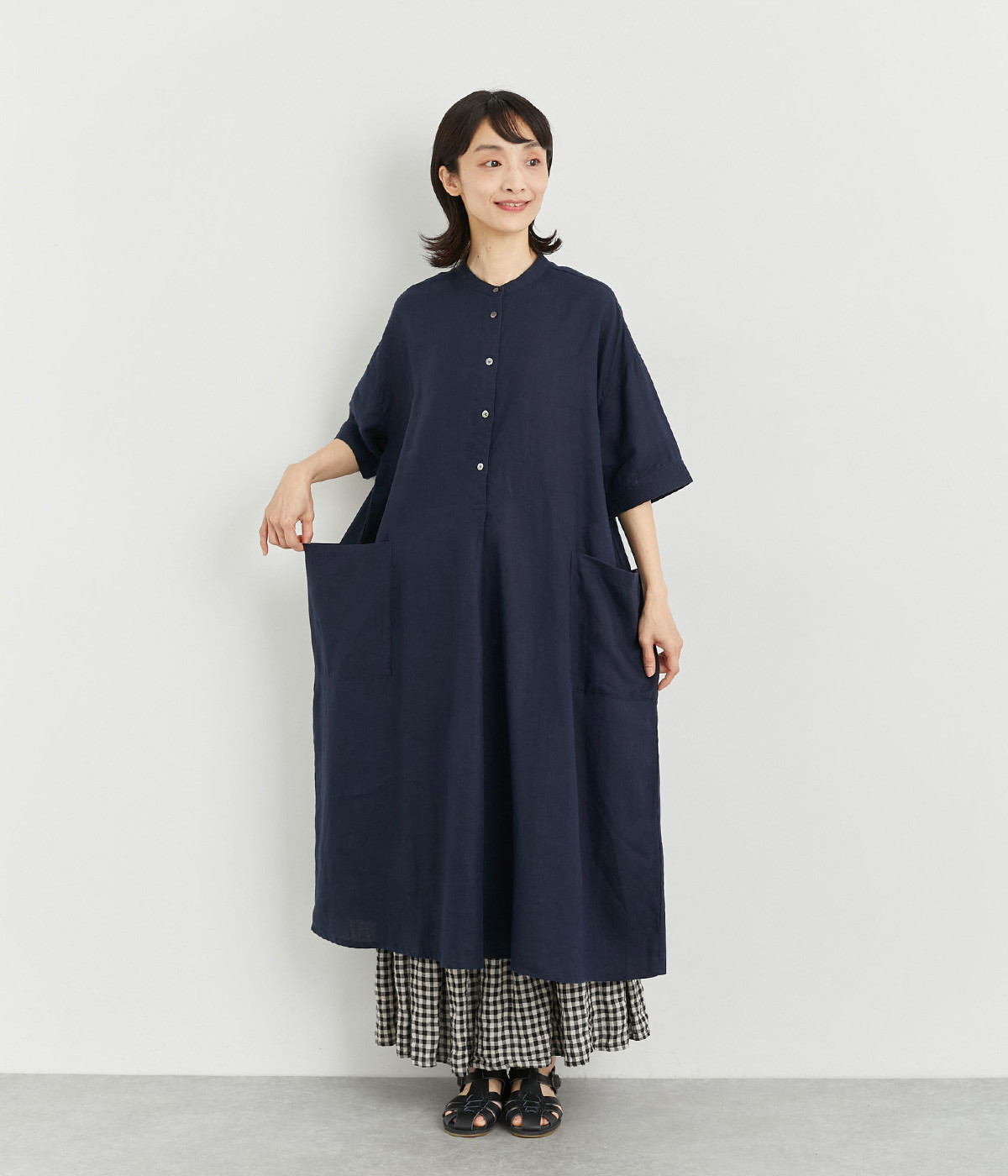 リネン　バンドカラープルオーバーワンピース(ダークネイビー-ONESIZE)