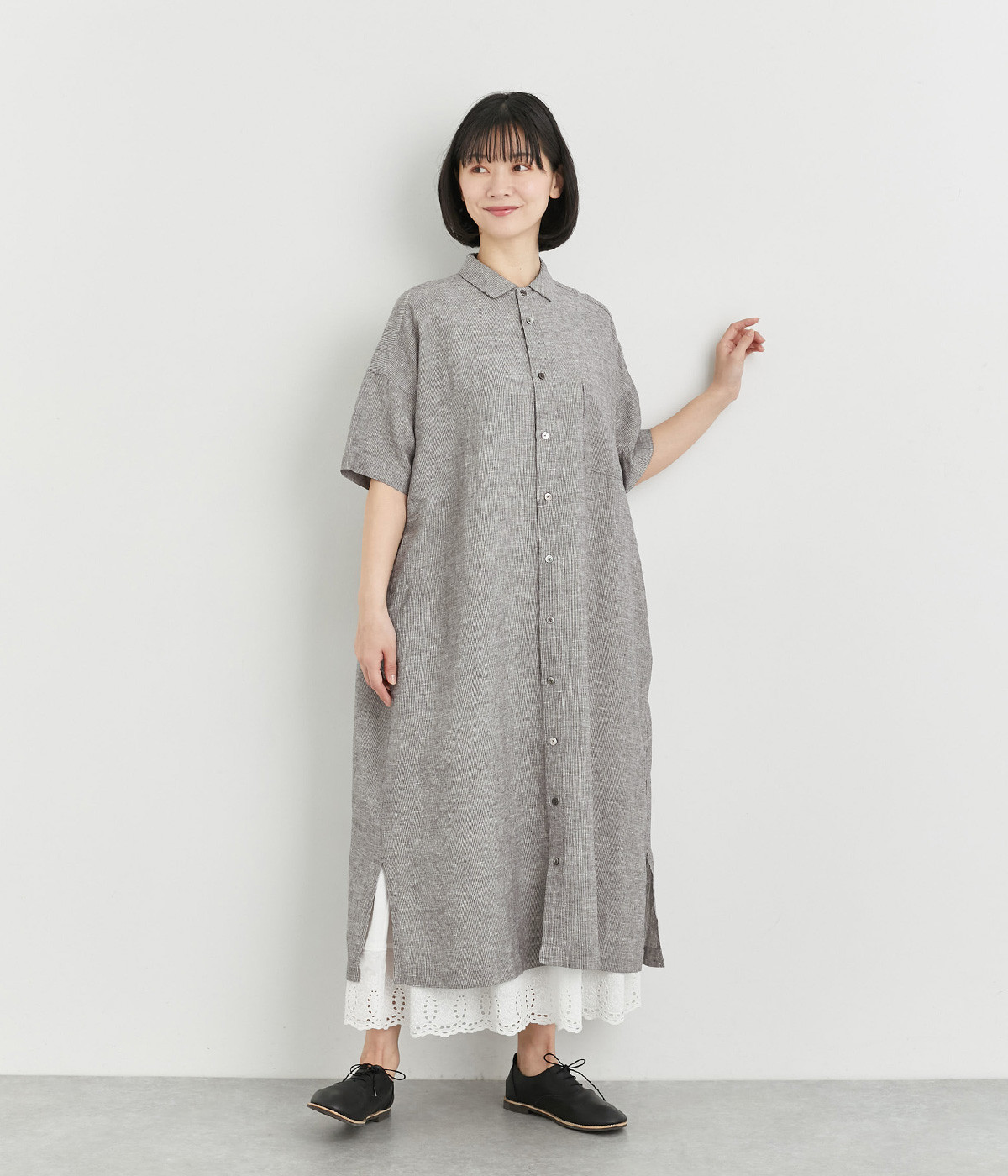 コットンリネン　ストライプシャツワンピース(ブラック-ONESIZE)
