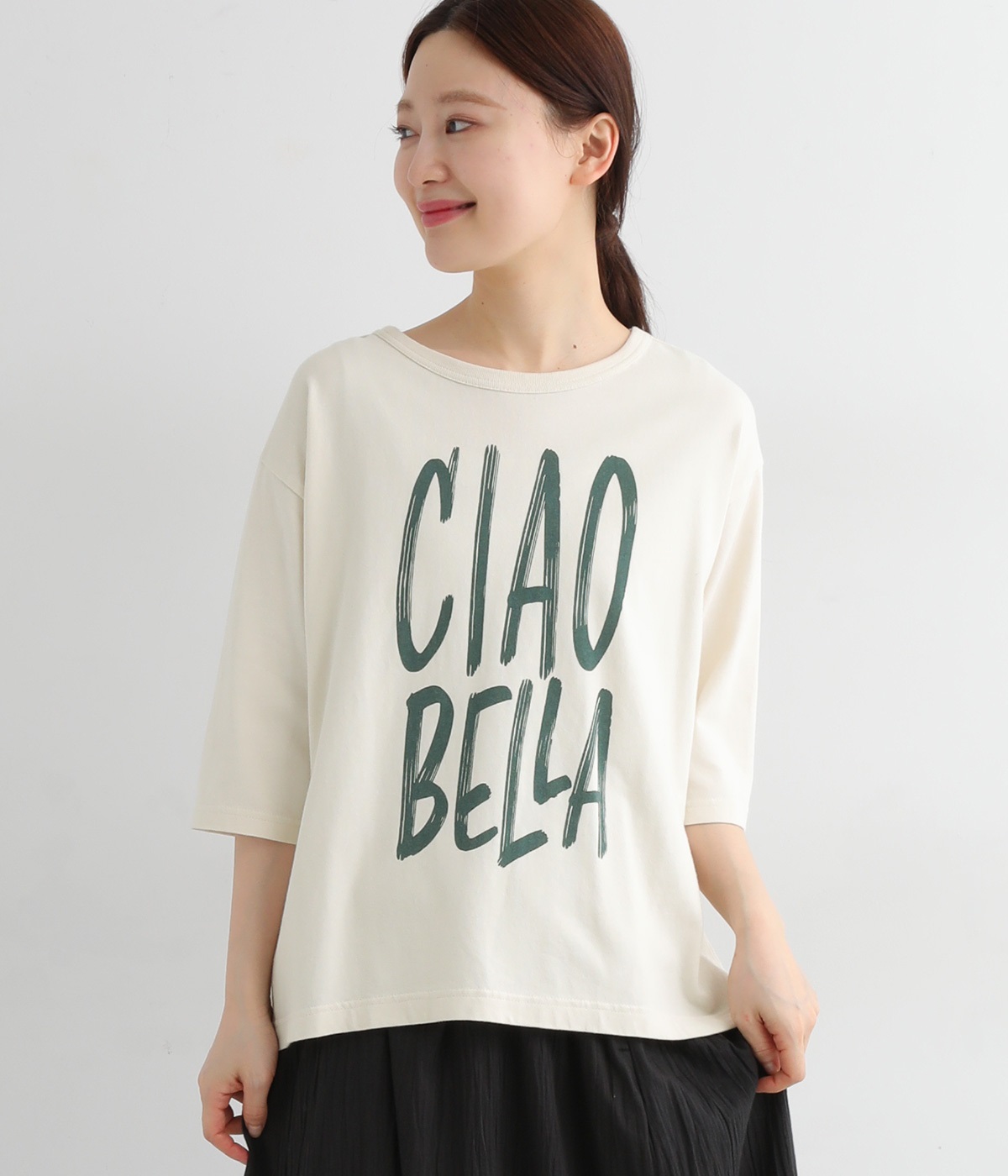 オーガニックコットン6分袖プリントTシャツ CIAO BELLA(アイボリー-ONESIZE)