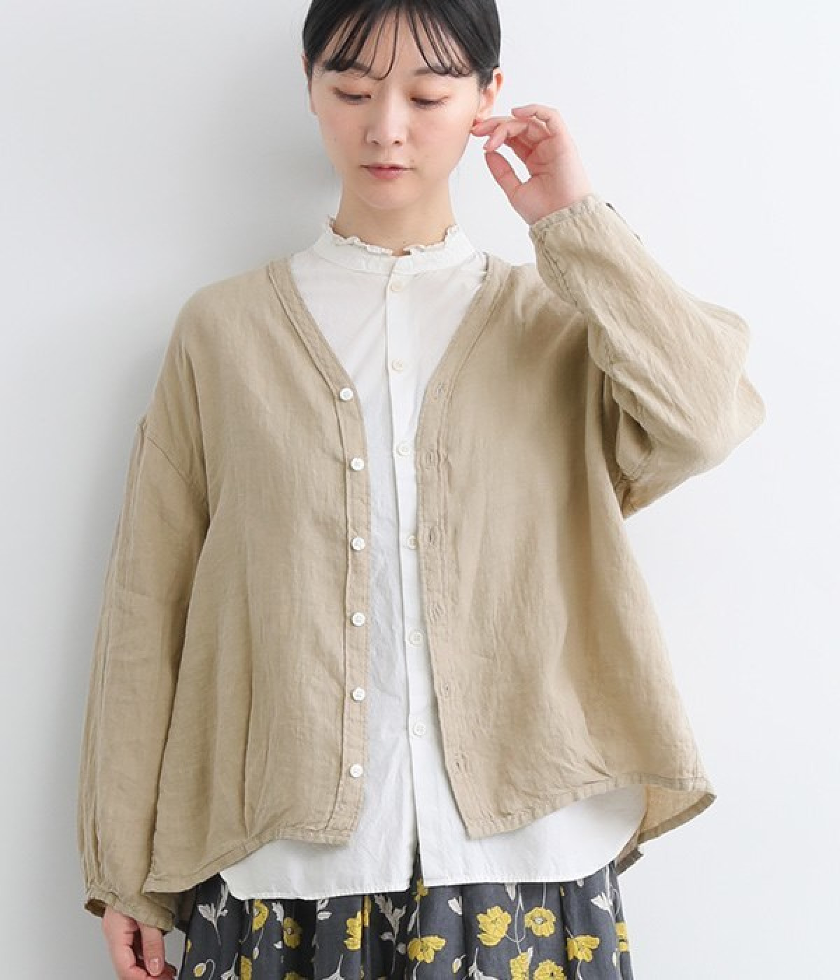 リネンキャンバス　カルディガンシャツ(ベージュ-ONESIZE)