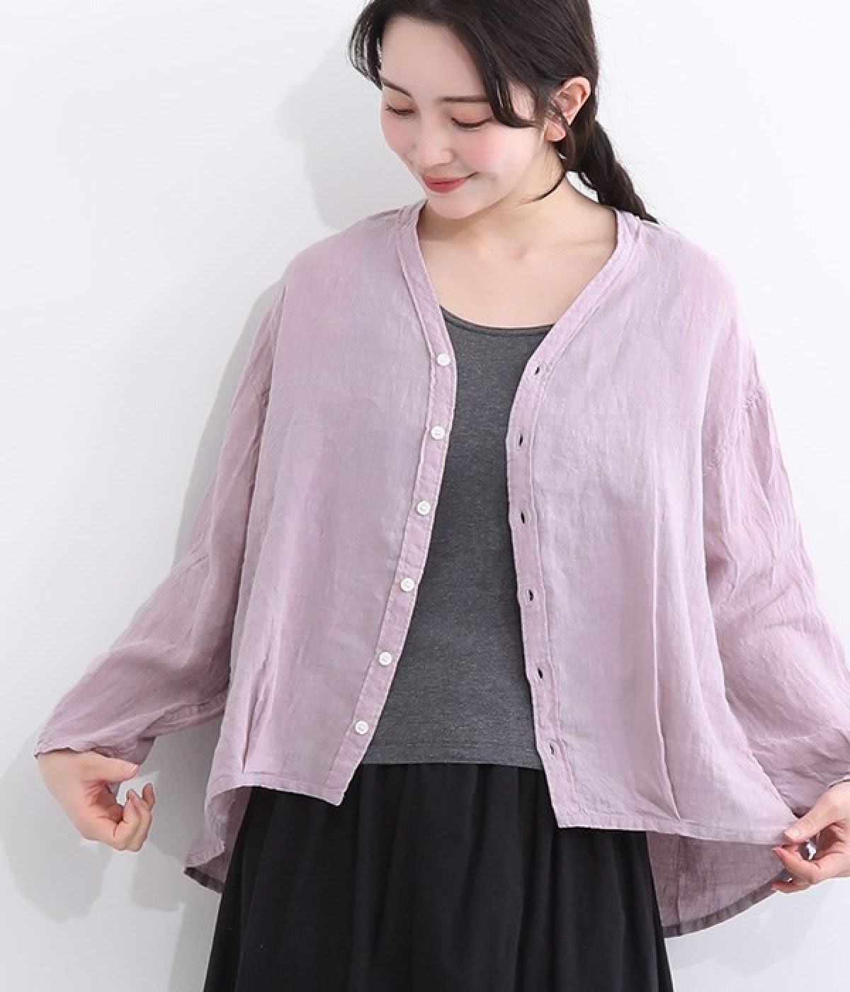 リネンキャンバス　カルディガンシャツ(アッシュパープル-ONESIZE)