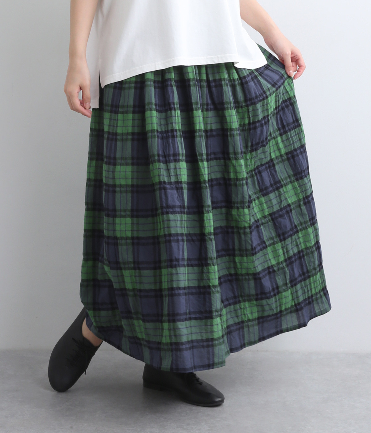 【made in japan】シャーリングチェックスカート(ネイビーグリーン-ONESIZE)