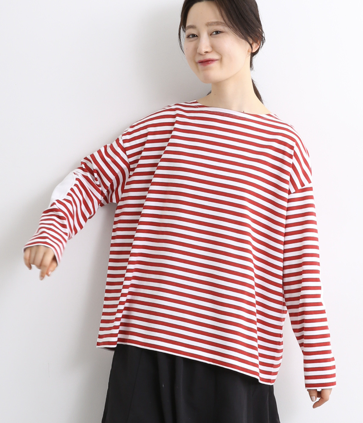 コットン ボーダーエルボパッチプルオーバー(レッド×ホワイト-ONESIZE)
