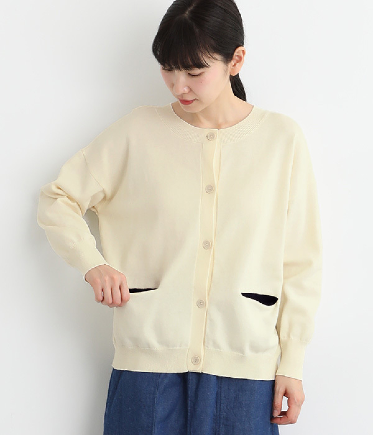 コットン 裏地配色ポケットカーディガン(オフホワイト×ネイビー-ONESIZE)
