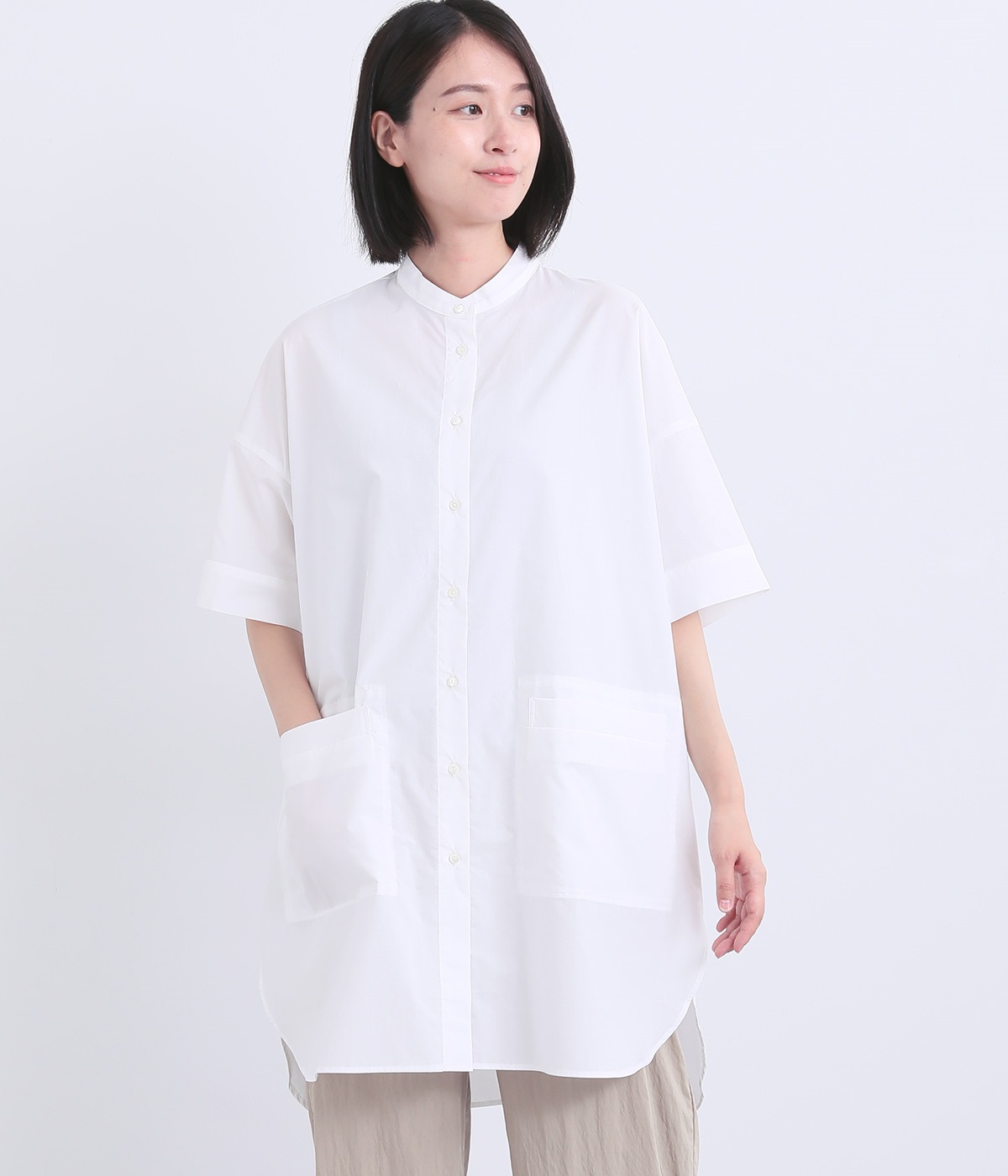 コットン バンドカラーロングシャツ(オフ-ONESIZE)