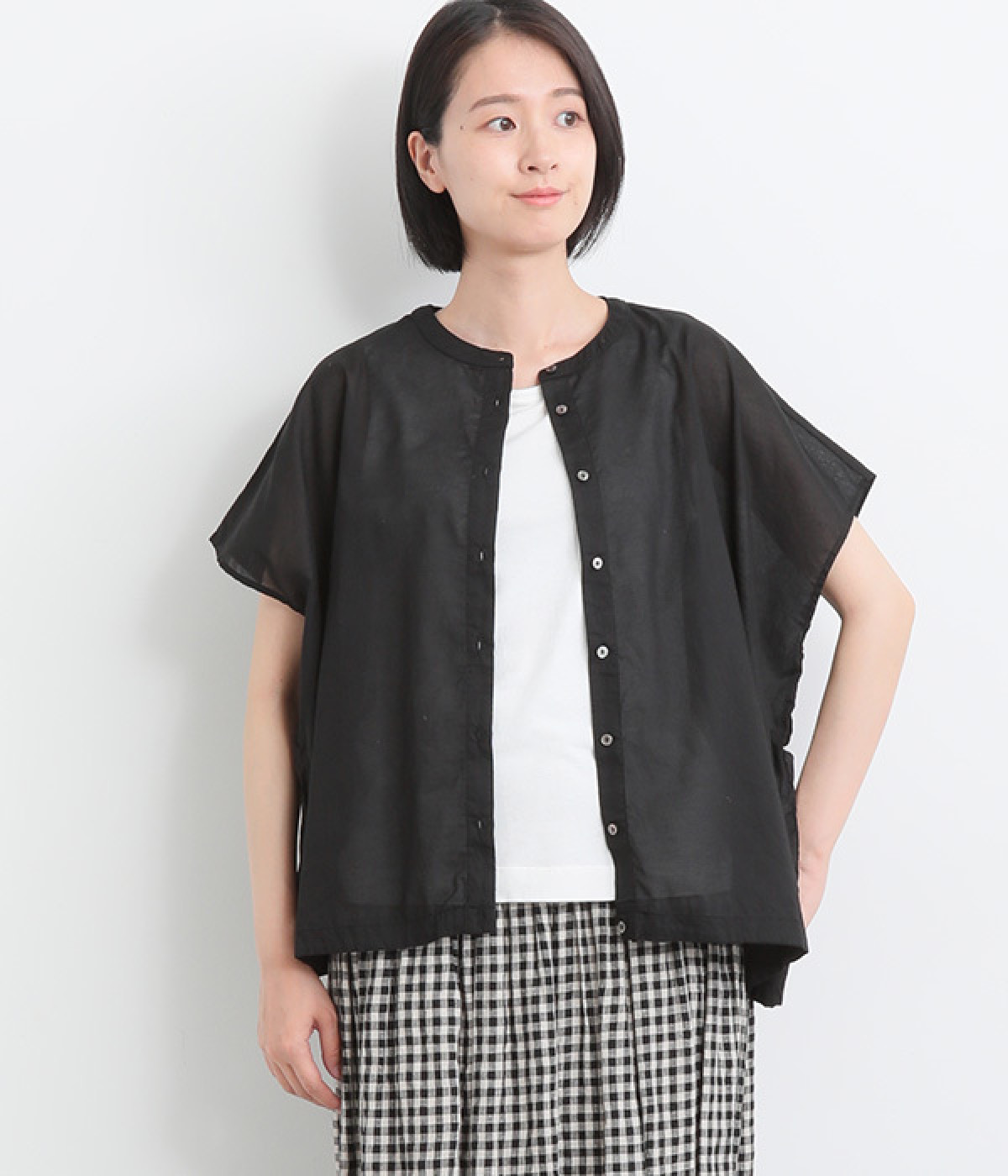 【made in japan】コットン バンドカラーワイドシャツ(ブラック-ONESIZE)