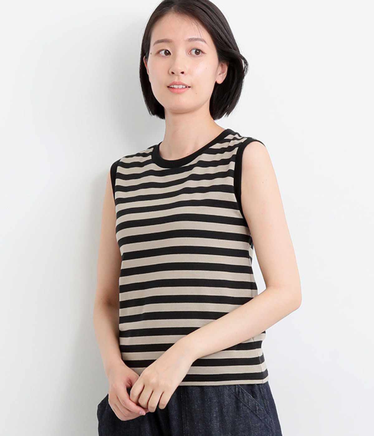 【made in japan】コットン ボーダータンクトップ(モカ×ブラック-ONESIZE)