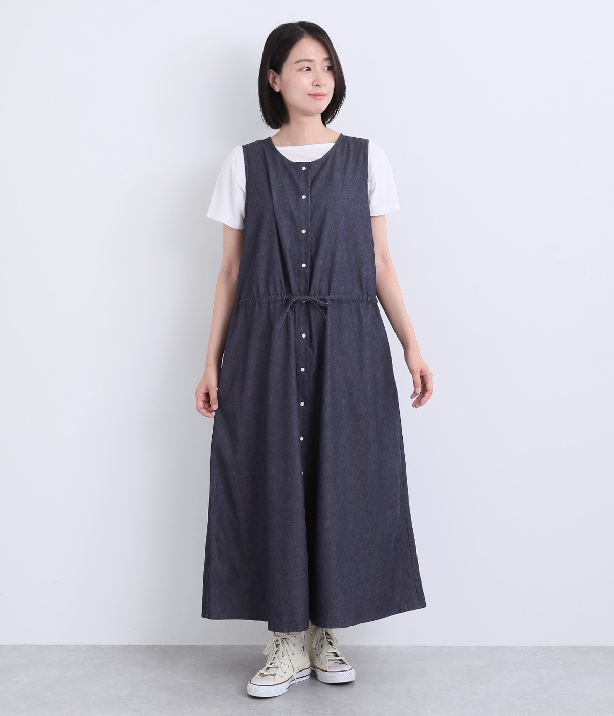 5ozデニム Aライン前開きジャンパースカート(ミドルインディゴ-ONESIZE)