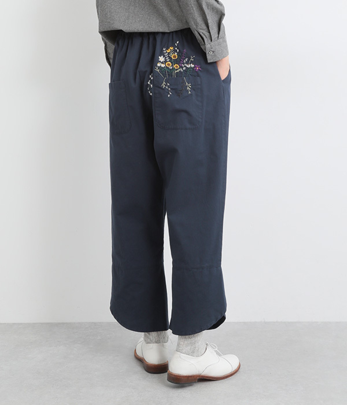 コットンポケット花刺繍スリットパンツ(ネイビー-ONESIZE)