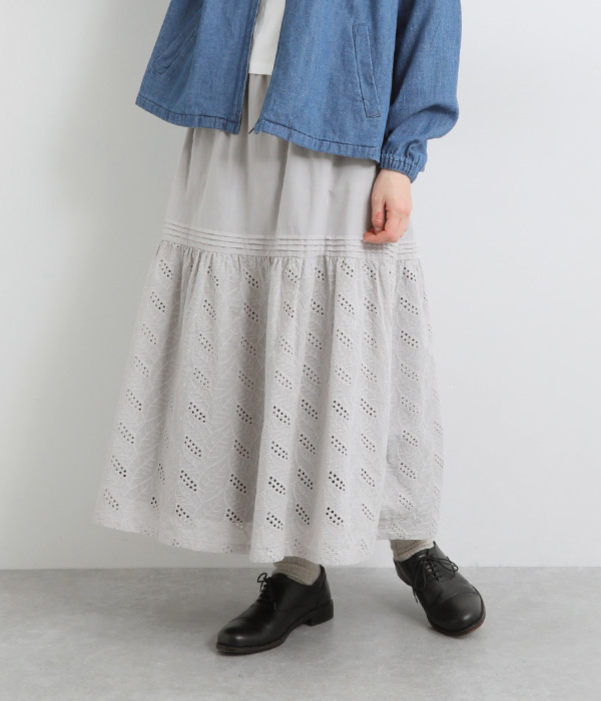 コットン透かし刺繍スカート(グレー-ONESIZE)