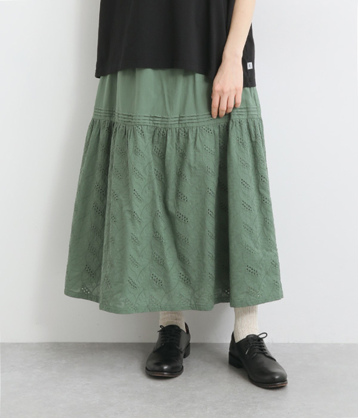 コットン透かし刺繍スカート(グリーン-ONESIZE)