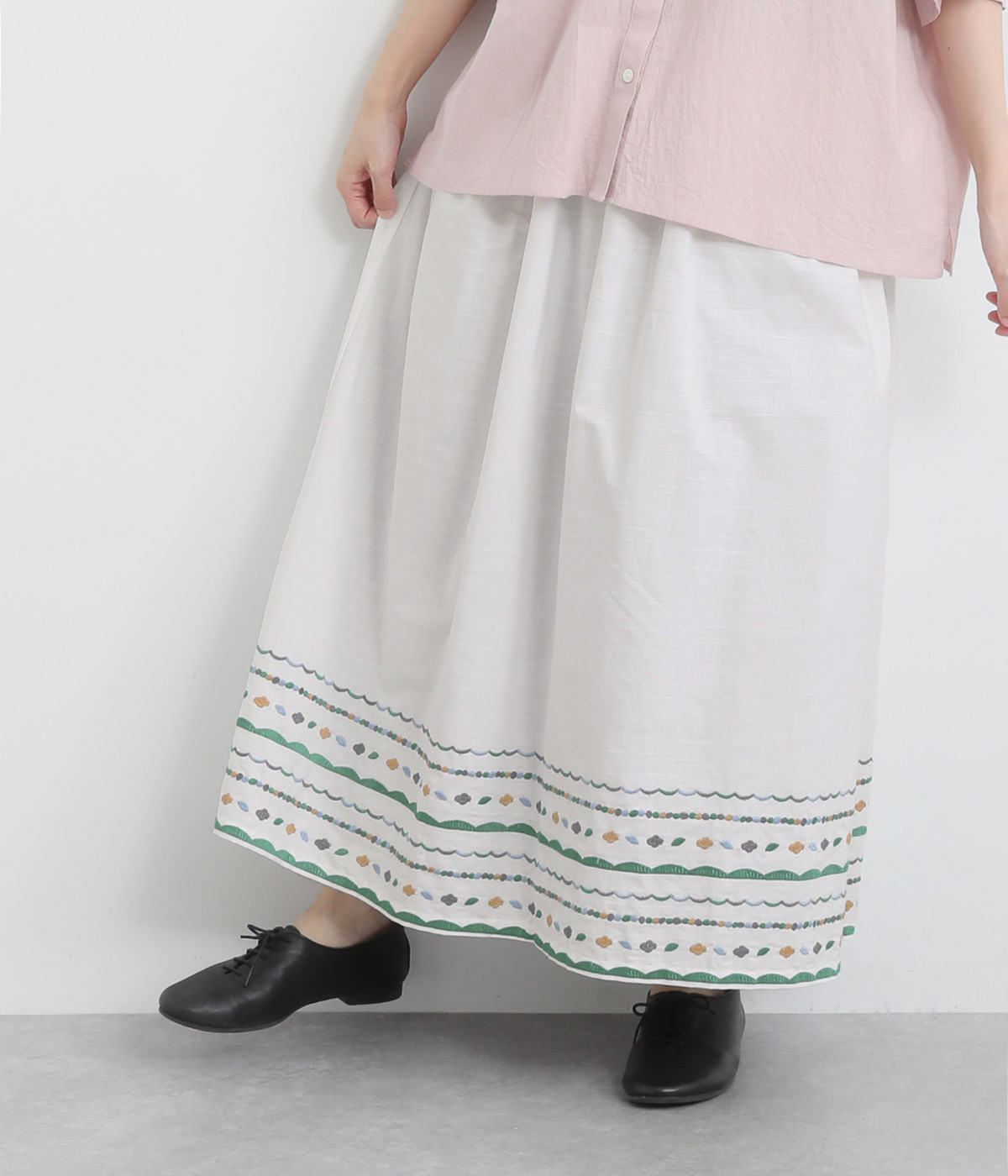 ナチュール刺繍ギャザースカート(ホワイト-ONESIZE)