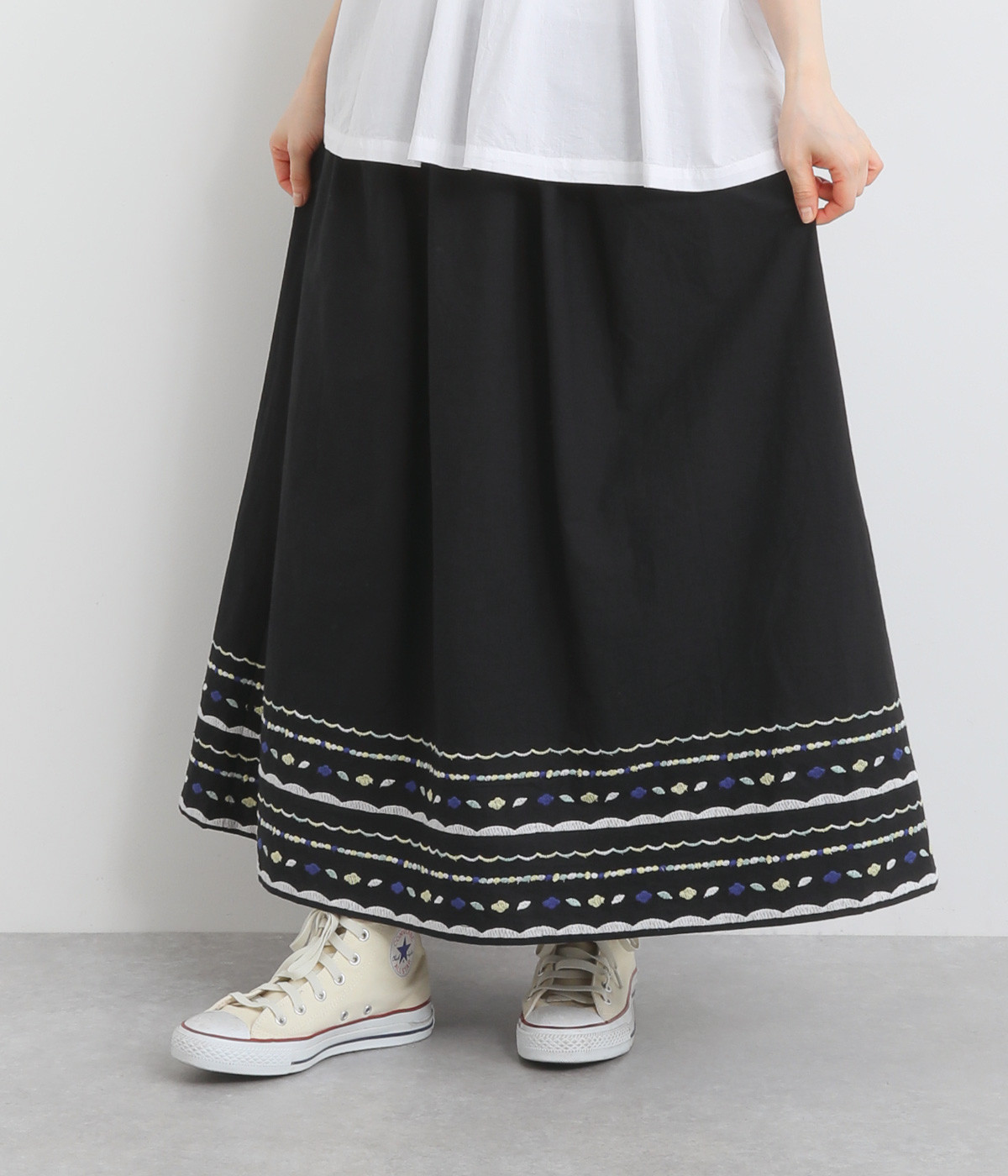 ナチュール刺繍ギャザースカート(ブラック-ONESIZE)