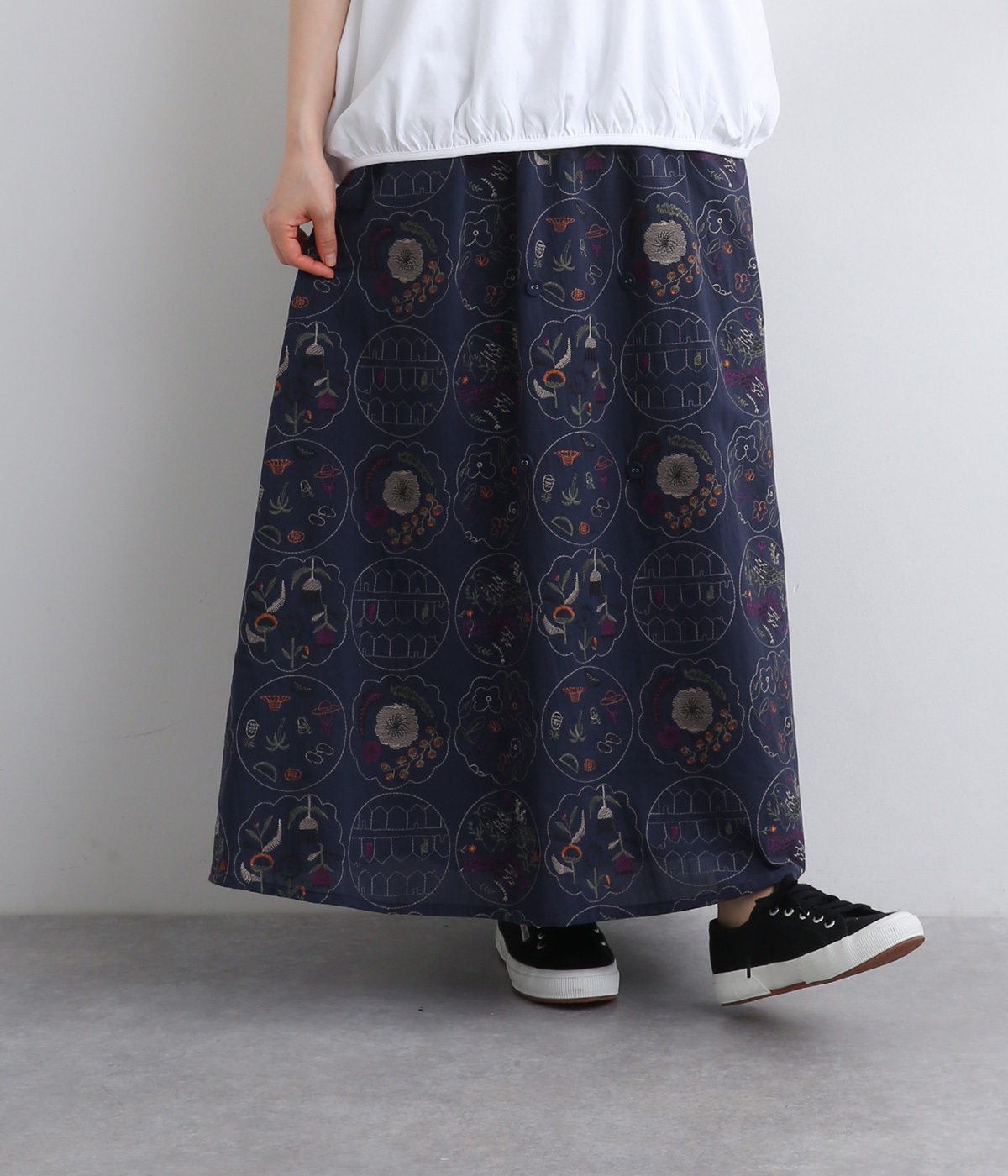 リメイク総柄刺繍スカート(ネイビー-ONESIZE)