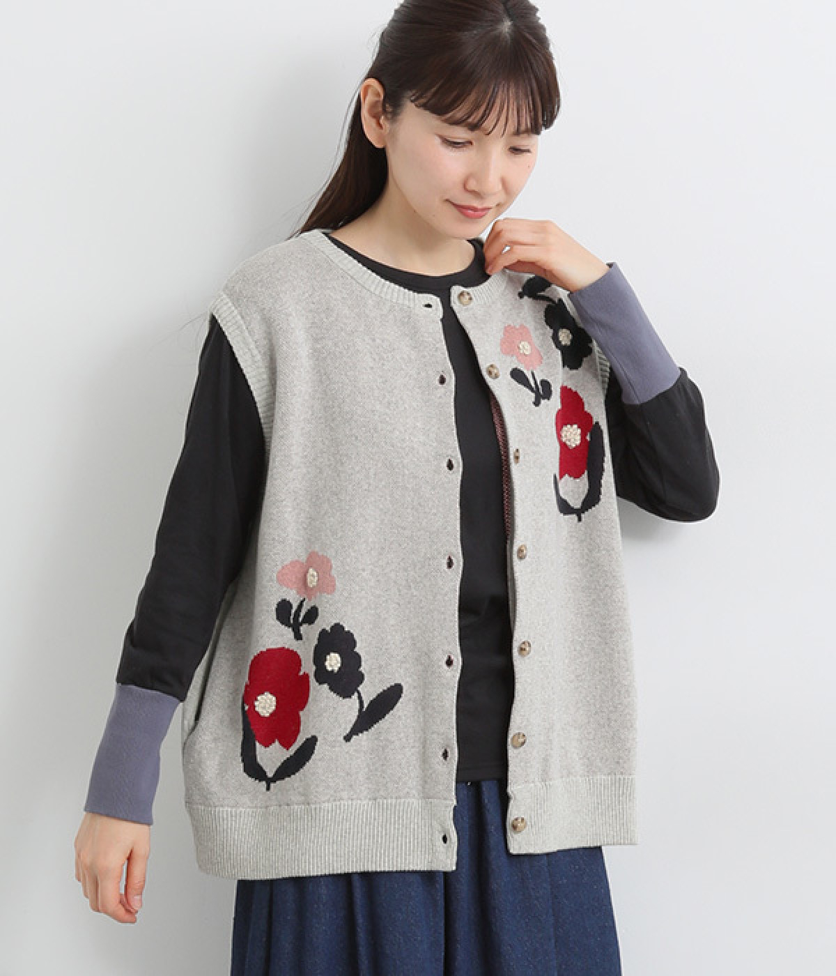 コットンニット花刺繍ジャカートベスト(アイボリー-ONESIZE)