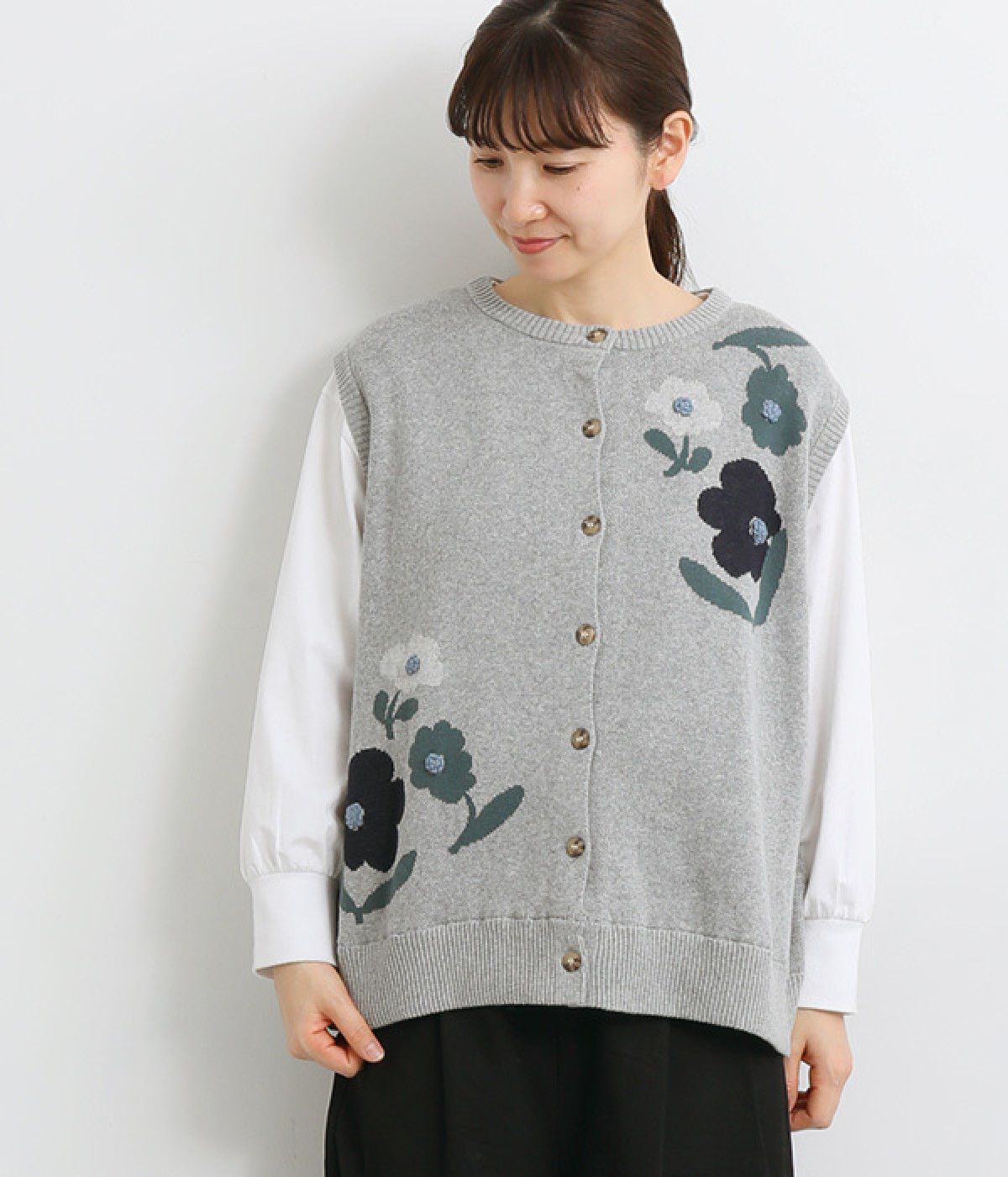 コットンニット花刺繍ジャカートベスト(杢グレー-ONESIZE)