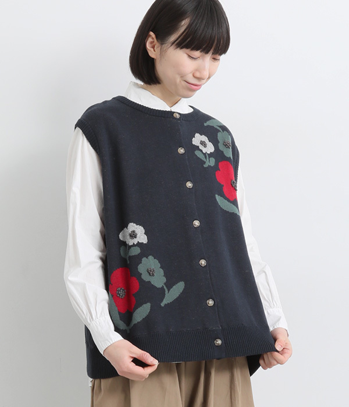 コットンニット花刺繍ジャカートベスト(ネイビー-ONESIZE)