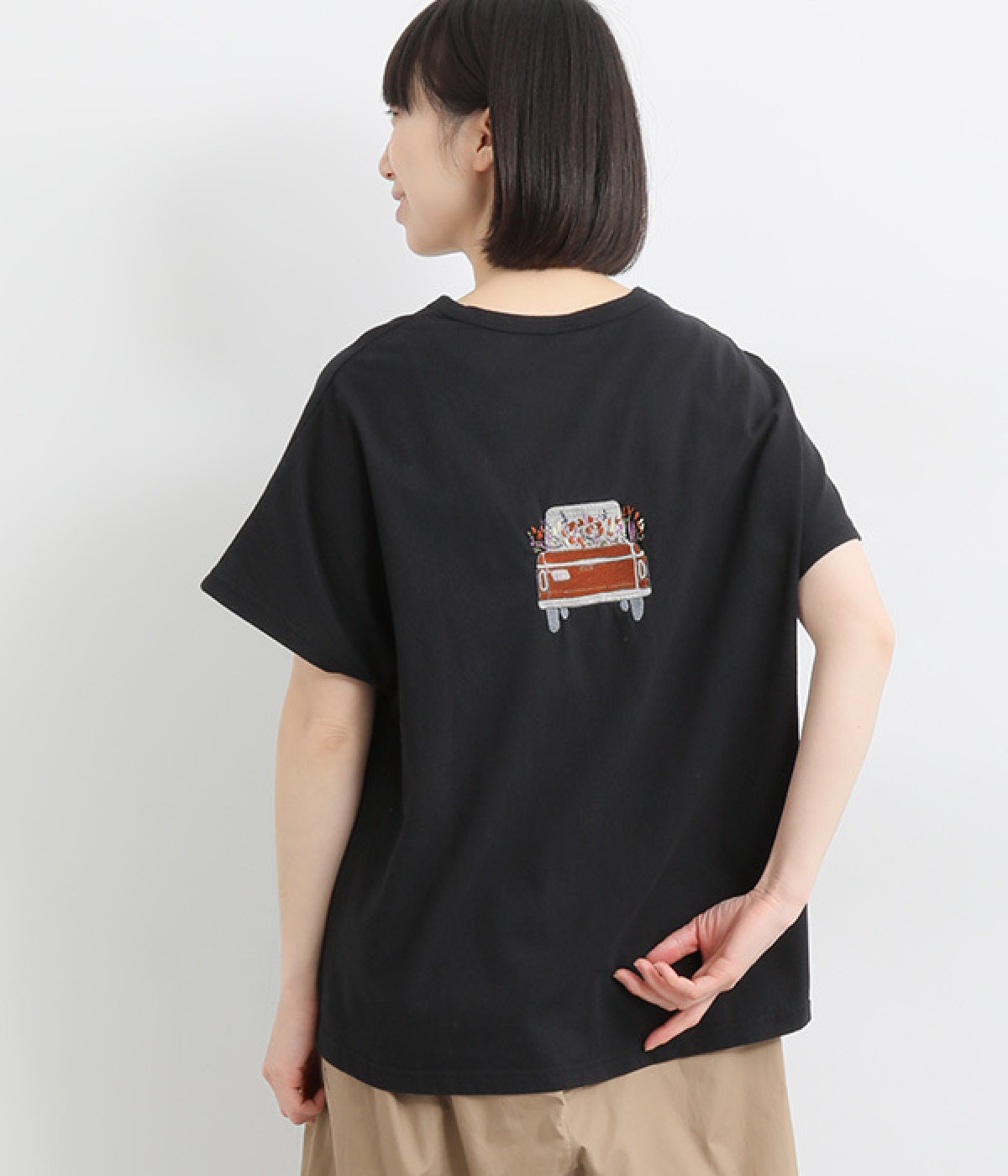 コットン車と鍵刺繍ドルマンT(ブラック-ONESIZE)