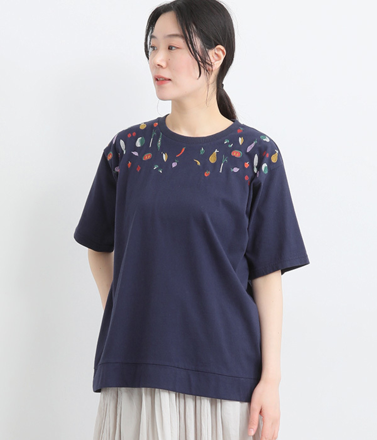 コットンさらさら天竺野菜刺繍5分袖Ｔシャツ(ネイビー-ONESIZE)