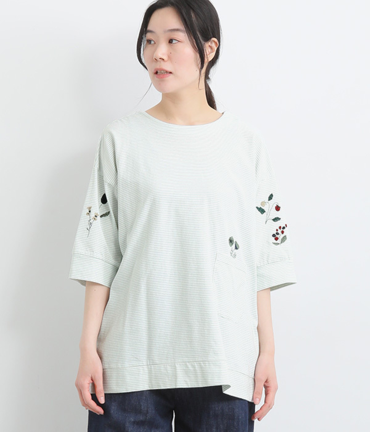 コットンさらさら天竺2way花刺繍カーディガン(ホワイト×アイスブルー-ONESIZE)