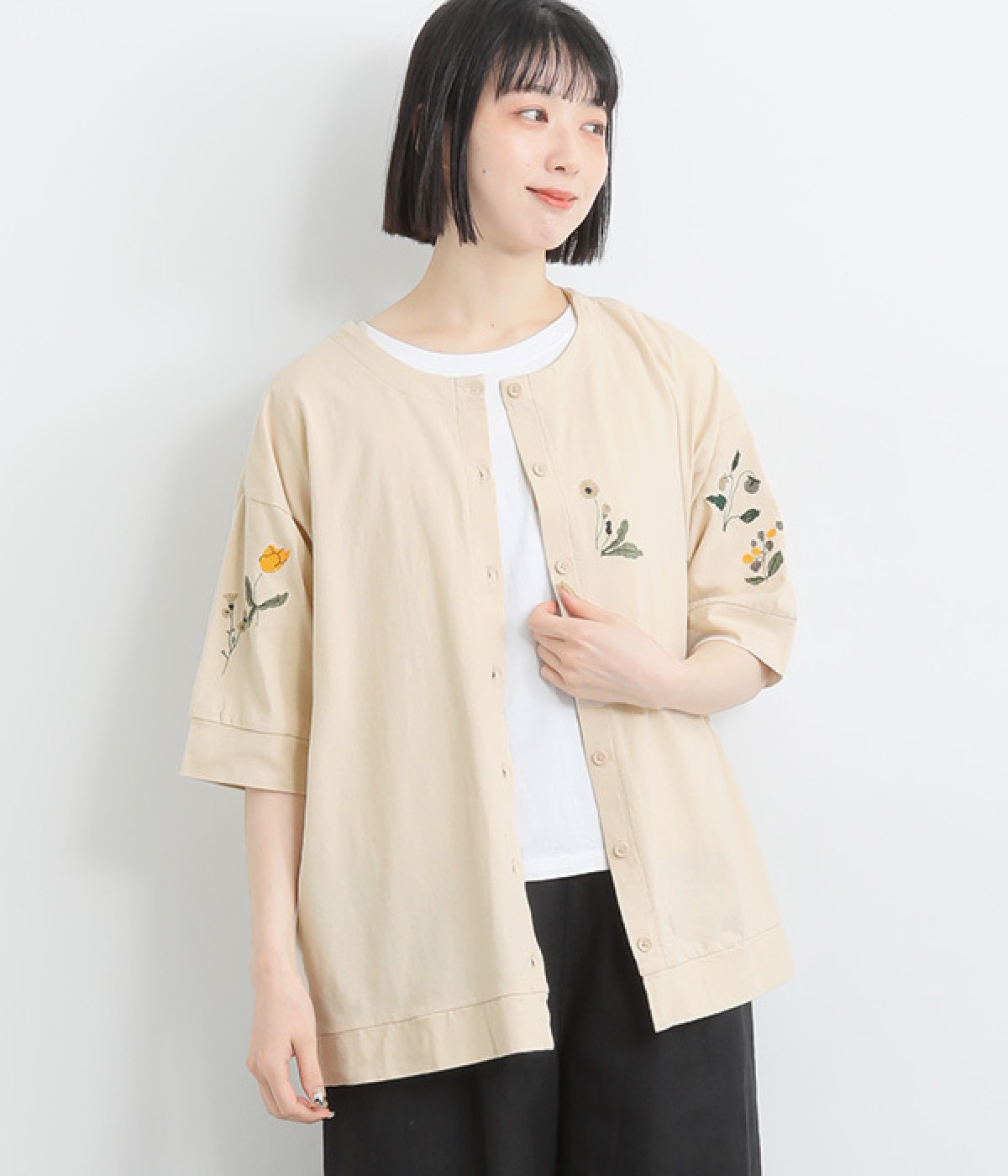 コットンさらさら天竺2way花刺繍カーディガン(アイボリー-ONESIZE)