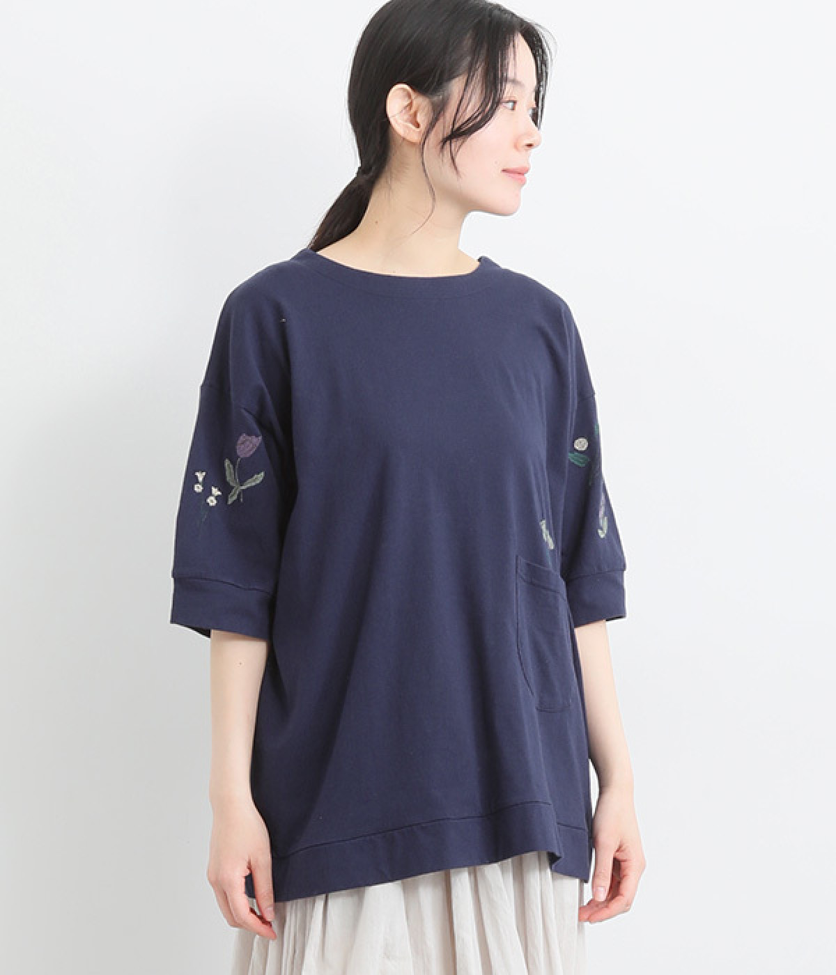 コットンさらさら天竺2way花刺繍カーディガン(ネイビー-ONESIZE)