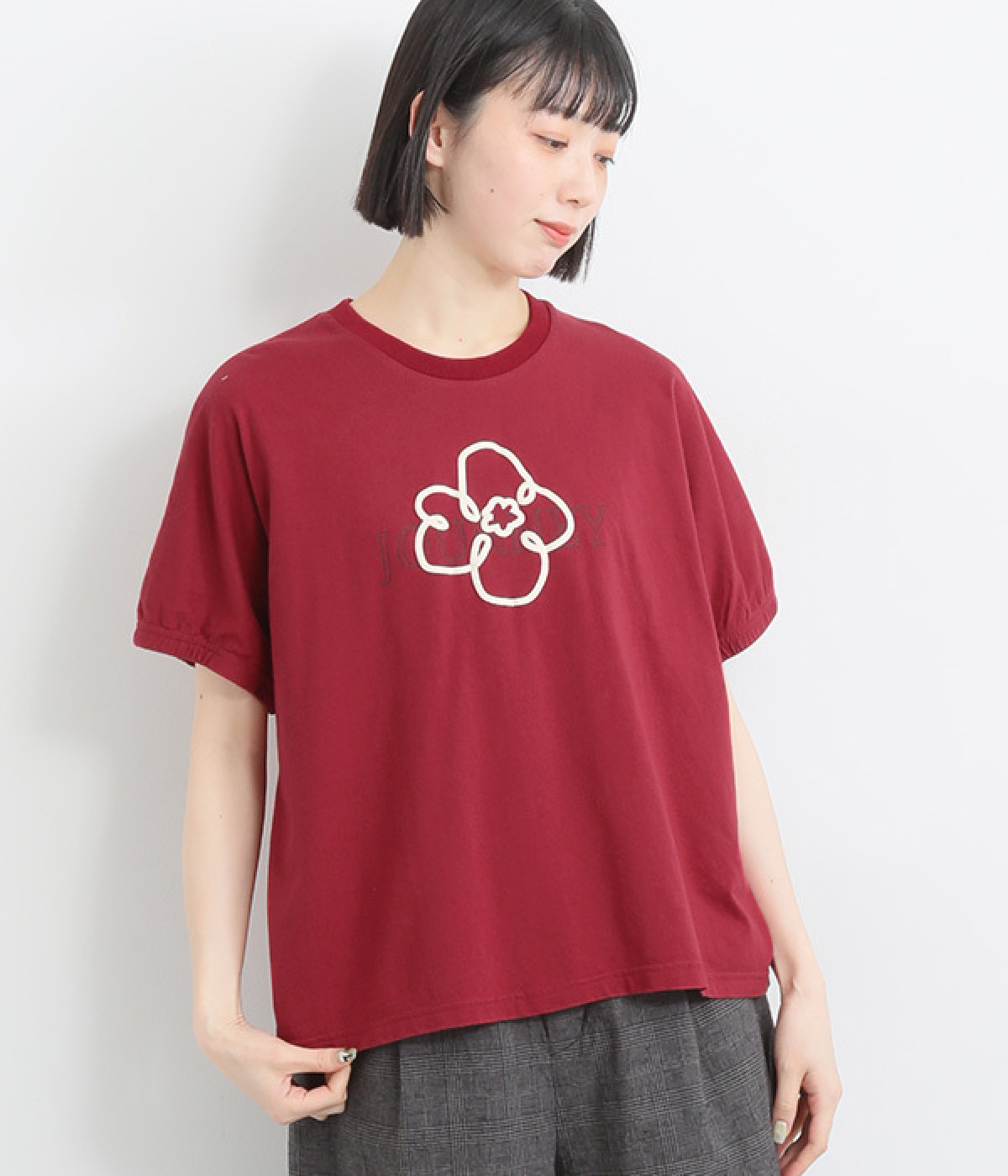 コットンさらさら天竺花とロゴのプリントドルマンＴシャツ(レッド-ONESIZE)