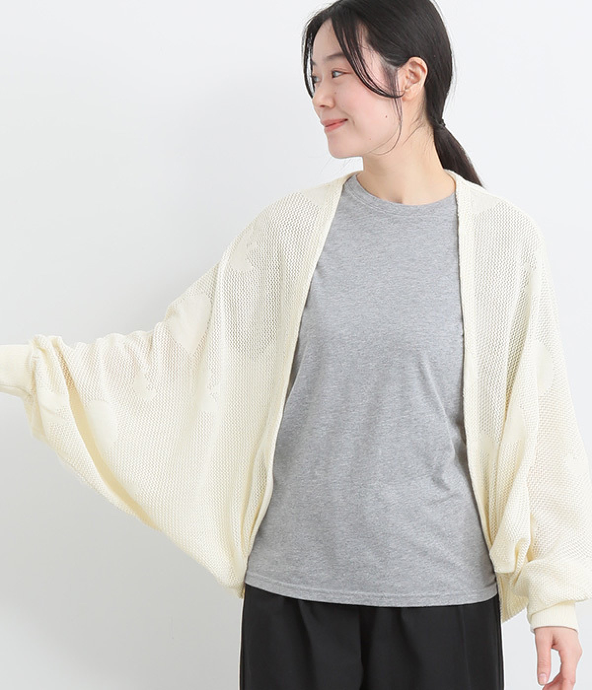 コットンバード透かし編みニットジャカードボレロカーディガン(アイボリー-ONESIZE)