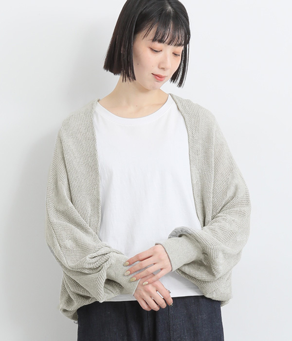 コットンバード透かし編みニットジャカードボレロカーディガン(杢グレー-ONESIZE)