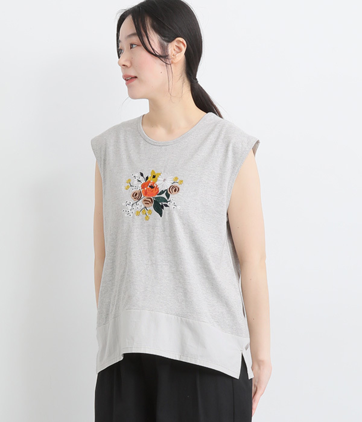 コットン天竺花ビーズ刺繍タンクトップ(杢グレー-ONESIZE)