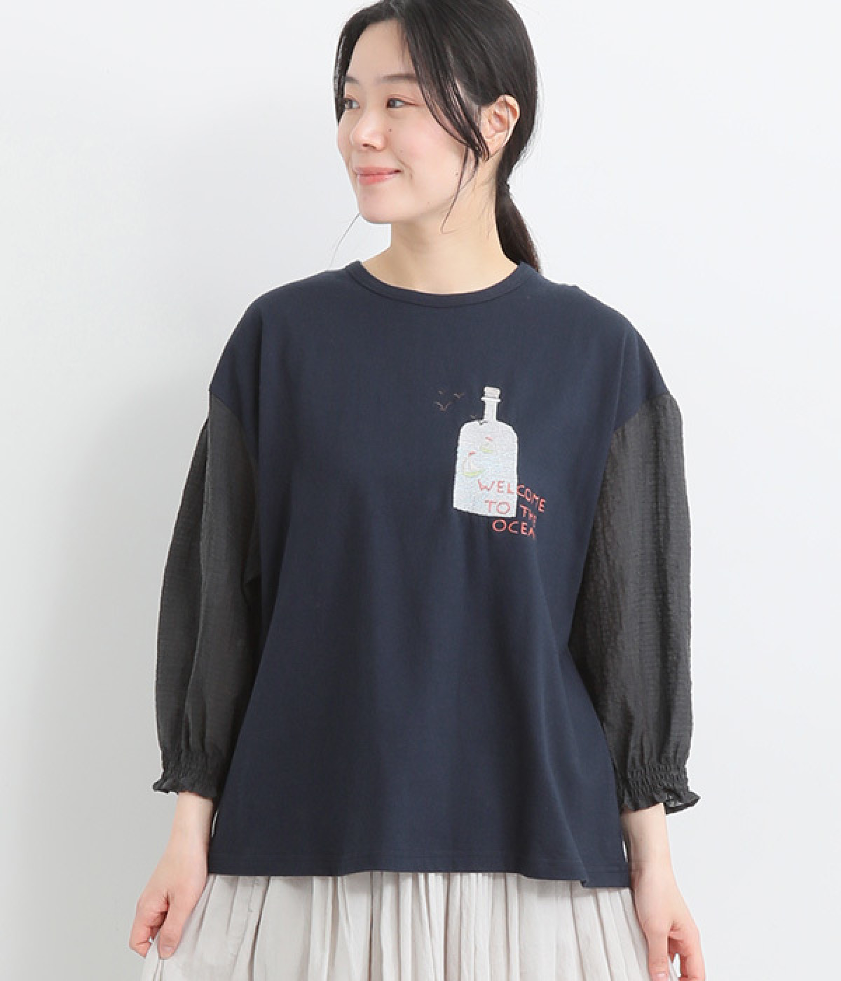 コットンボトル刺繍袖ギャザーＴシャツ(ネイビー-ONESIZE)